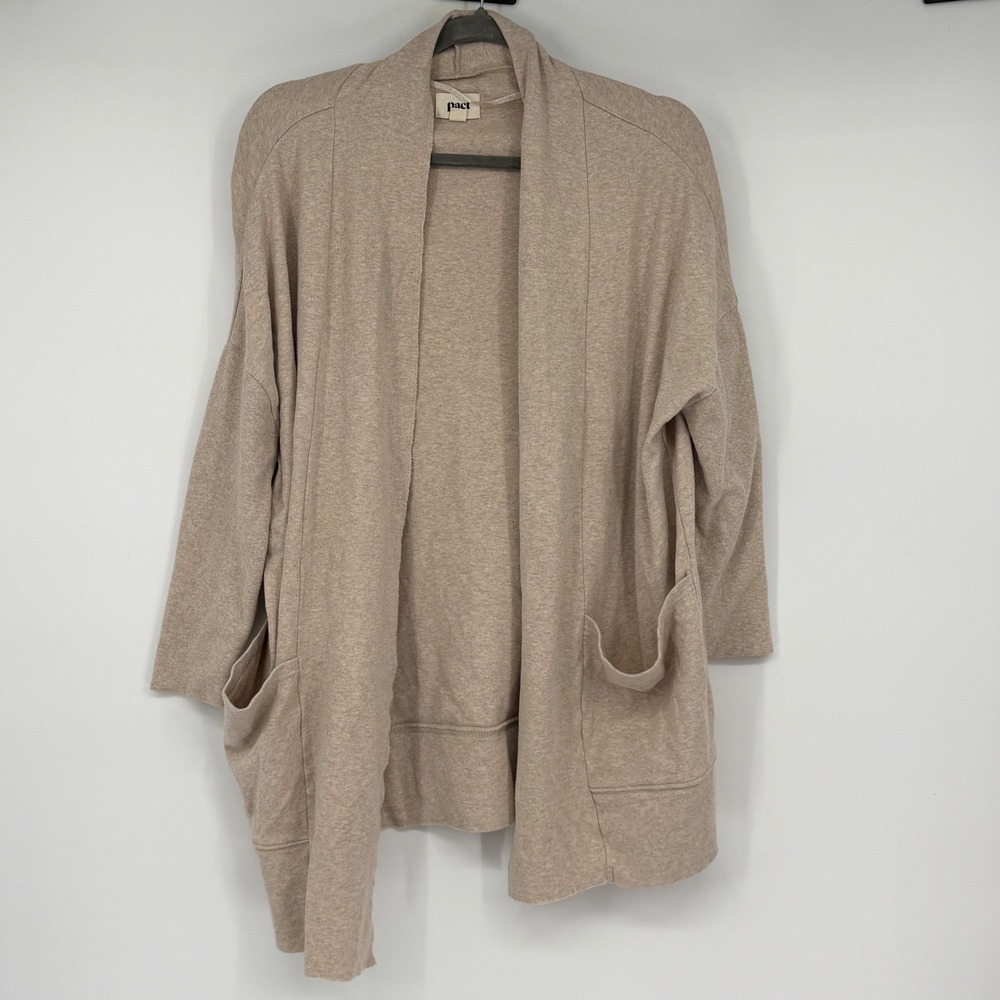 Pact Organic Cotton Open Front Cardigan Sweater Tan Heather XS/S Pocketed